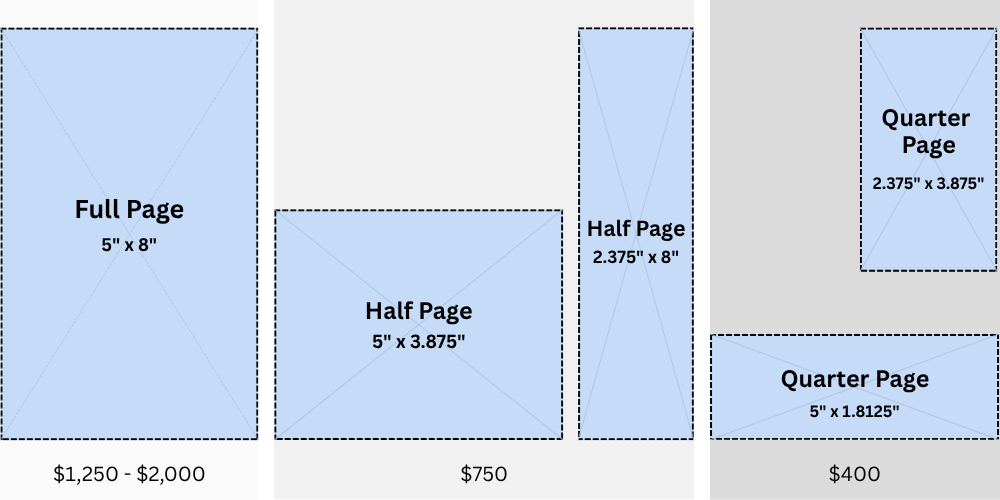 This graphic shows the different dimensions for the 2026 SCA theater playbill sponsorships.